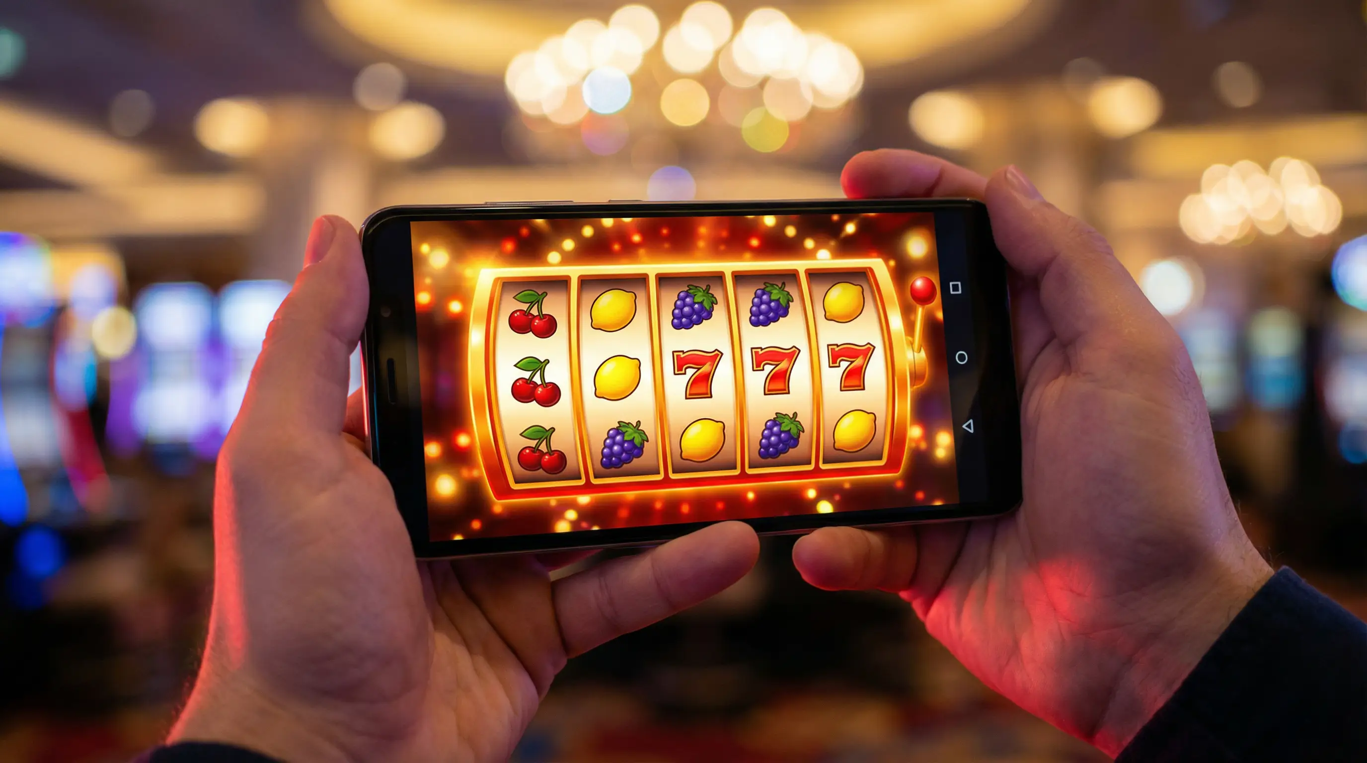 Best slots apps for Android showing smartphone with colourful slot reels