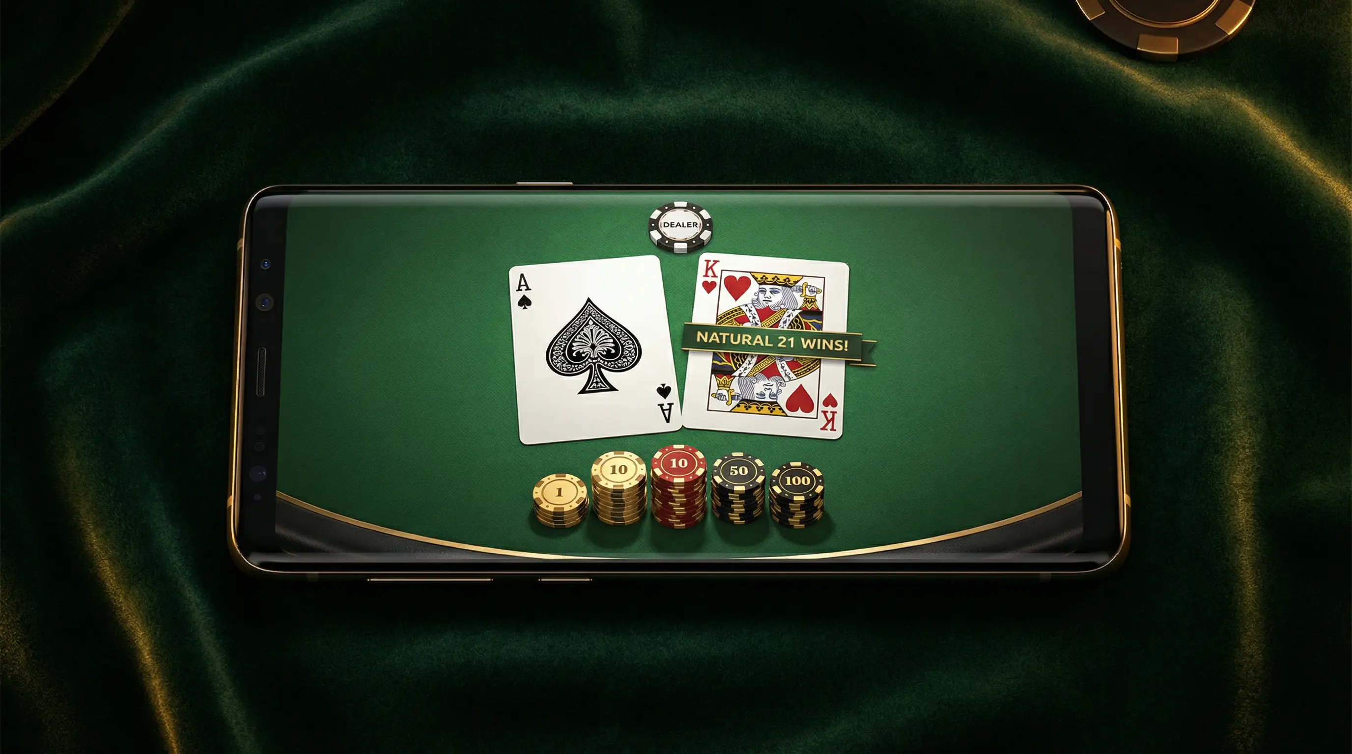 Blackjack card game showing 21 on Android smartphone screen
