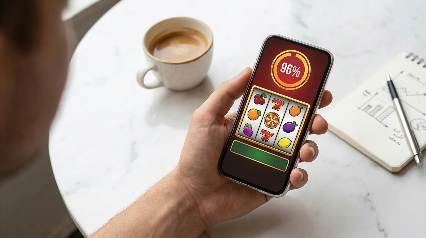 Hand holding smartphone displaying casino slot game with percentage indicator