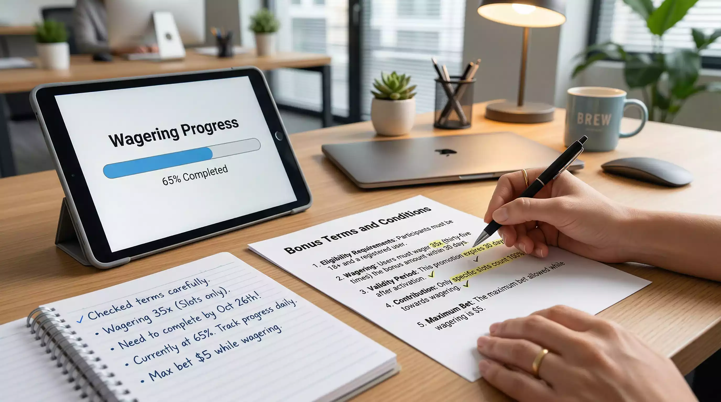 Casino bonus terms and conditions document with playthrough details