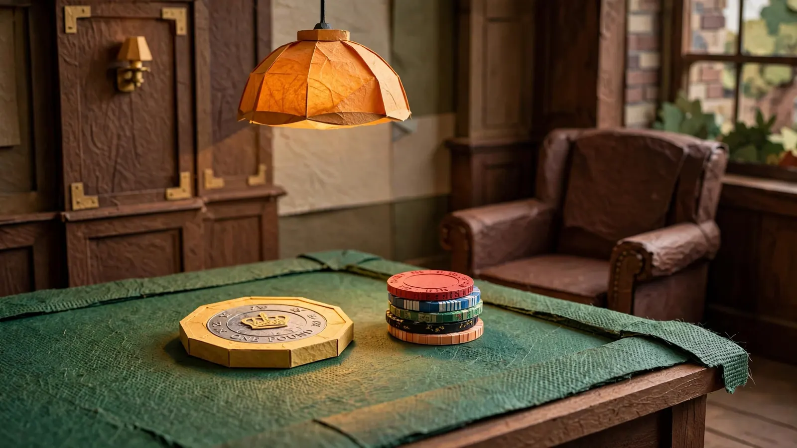 British one-pound coin on green baize table with casino chips in a traditional UK pub setting.