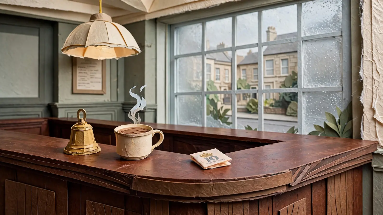 Ten-pound note on a traditional British betting shop counter beside a teacup.