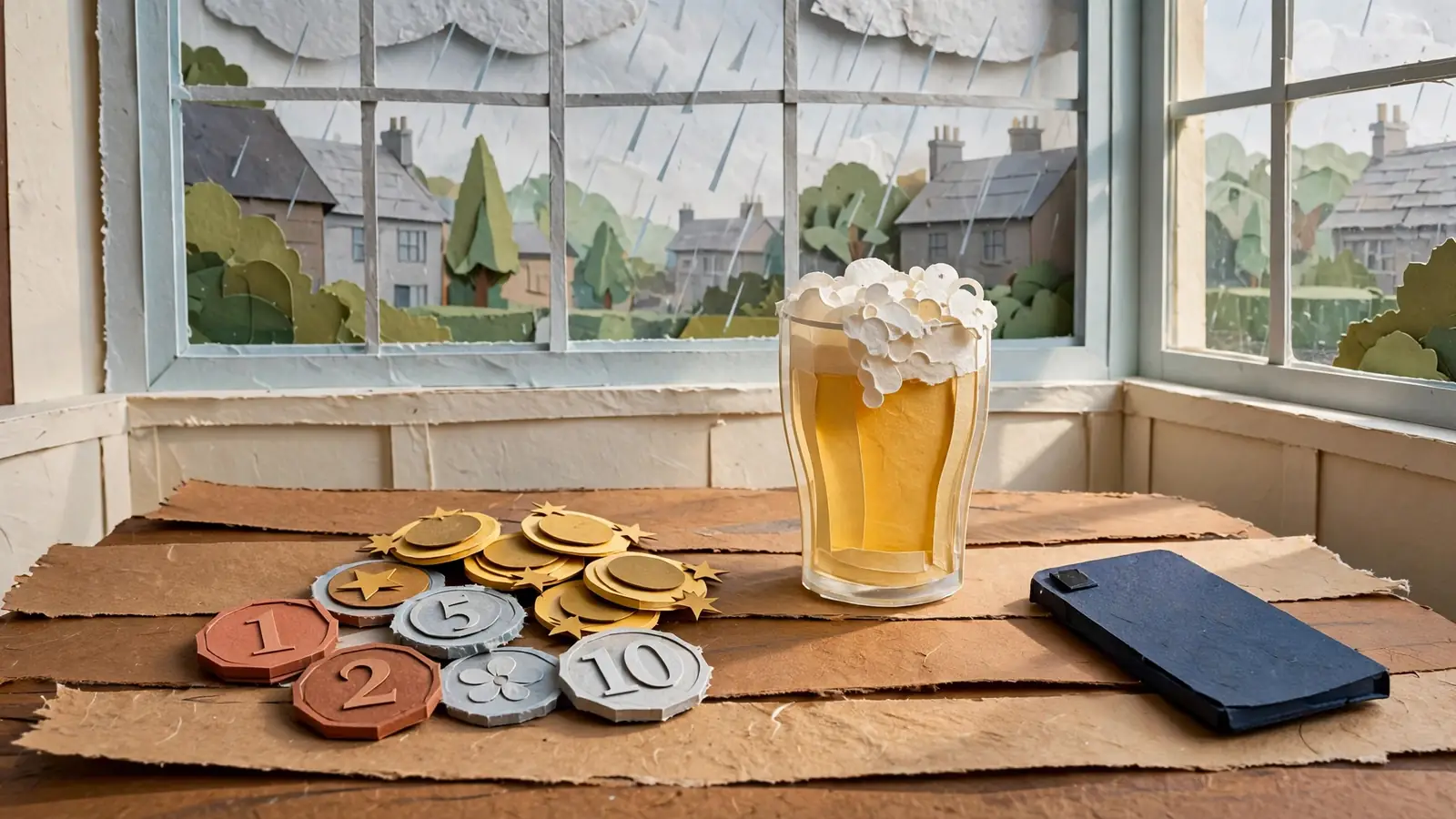 British coins and tokens on a pub table beside a face-down phone and a half-pint glass.