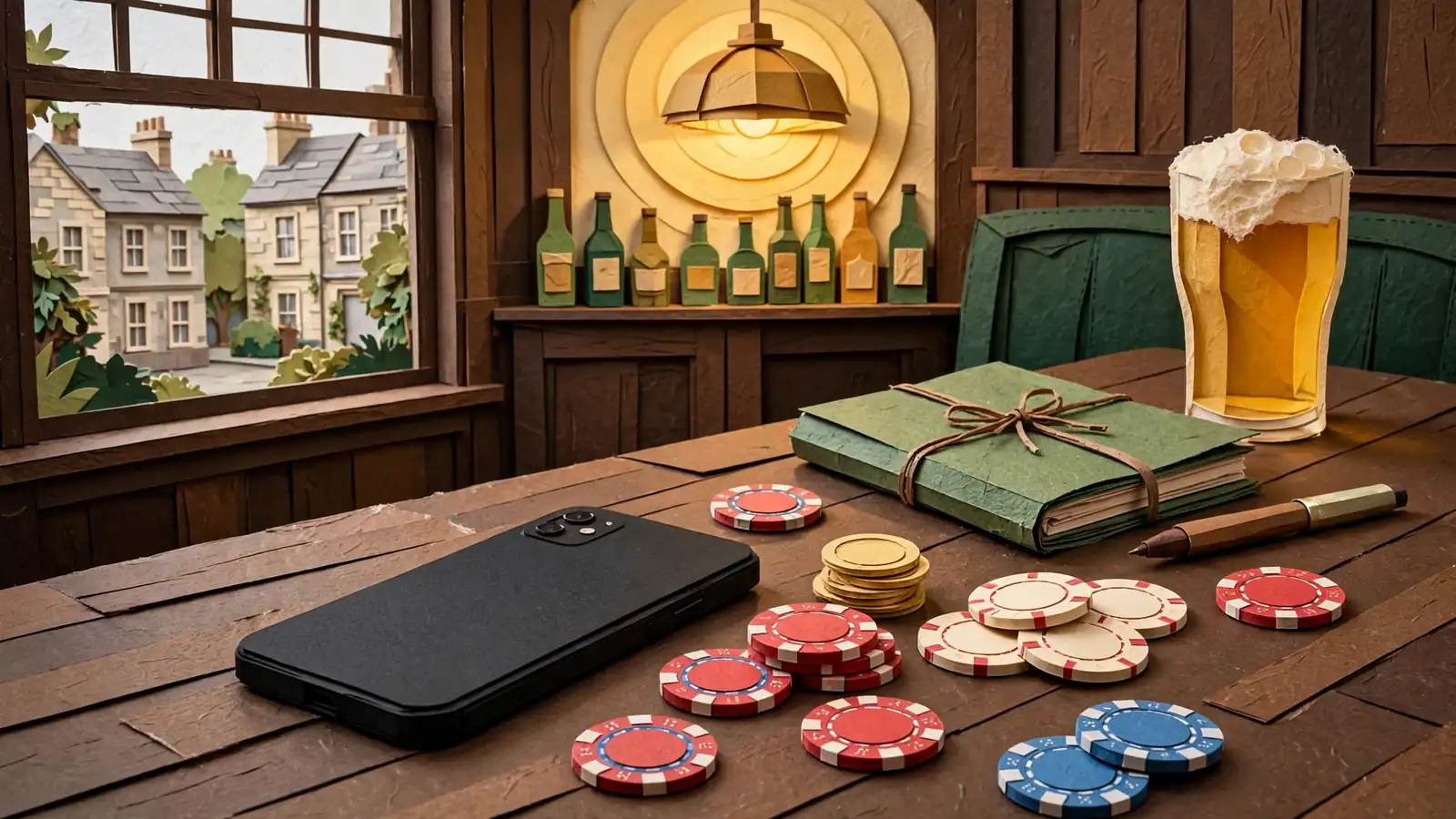 Smartphone face-down on a pub table with chips and coins nearby