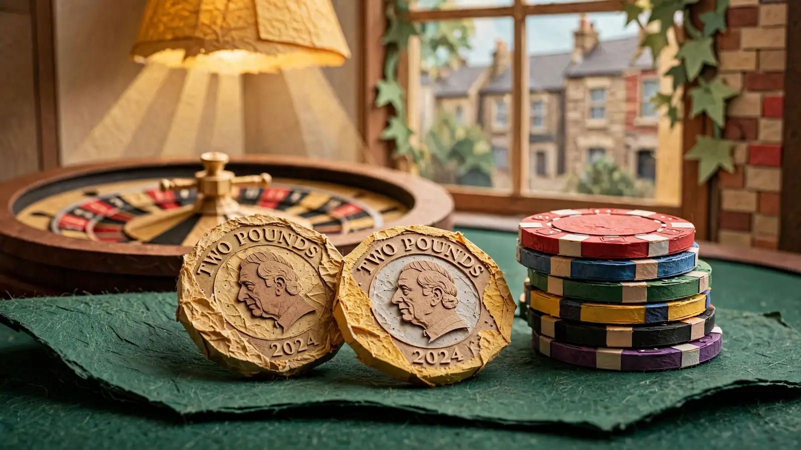 Two pound coins beside stacked casino chips on a felt table with a roulette wheel behind.