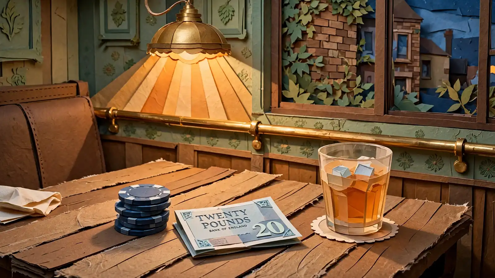 British pub table with poker chips and a twenty-pound note under warm lamp light.