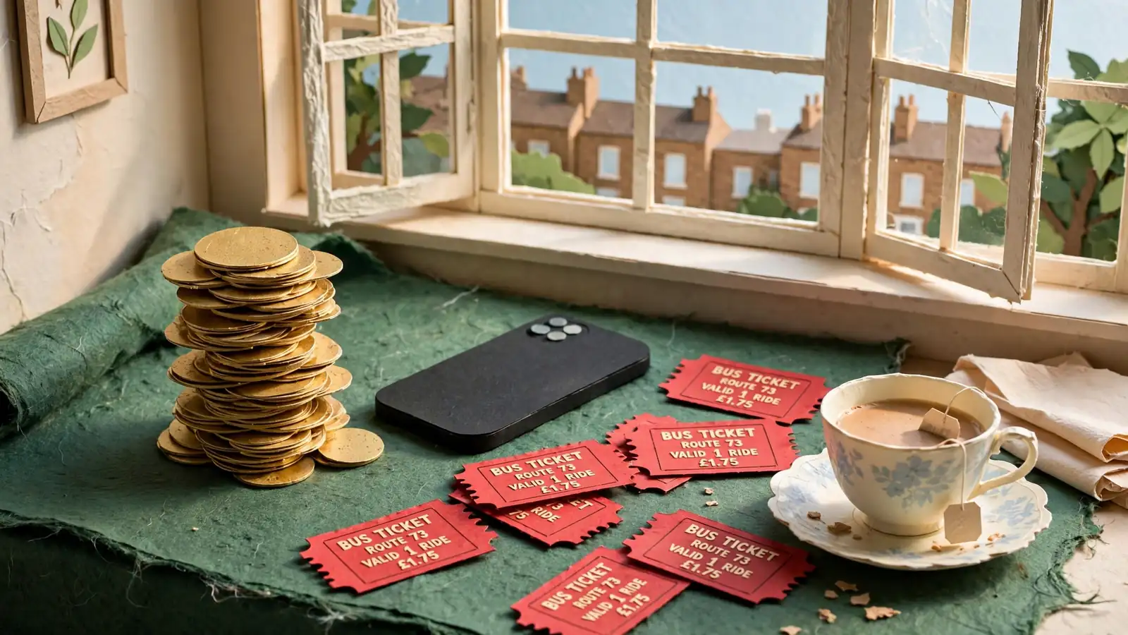 Pile of two hundred gold tokens beside a face-down phone on green felt, British urban context.
