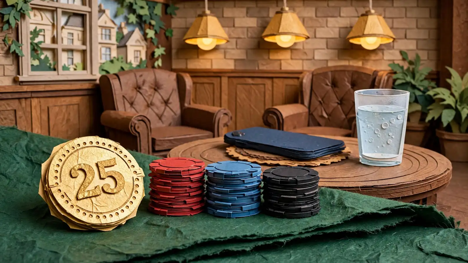 Golden 25 token and colorful casino chips on felt in a cozy British pub-style lounge.