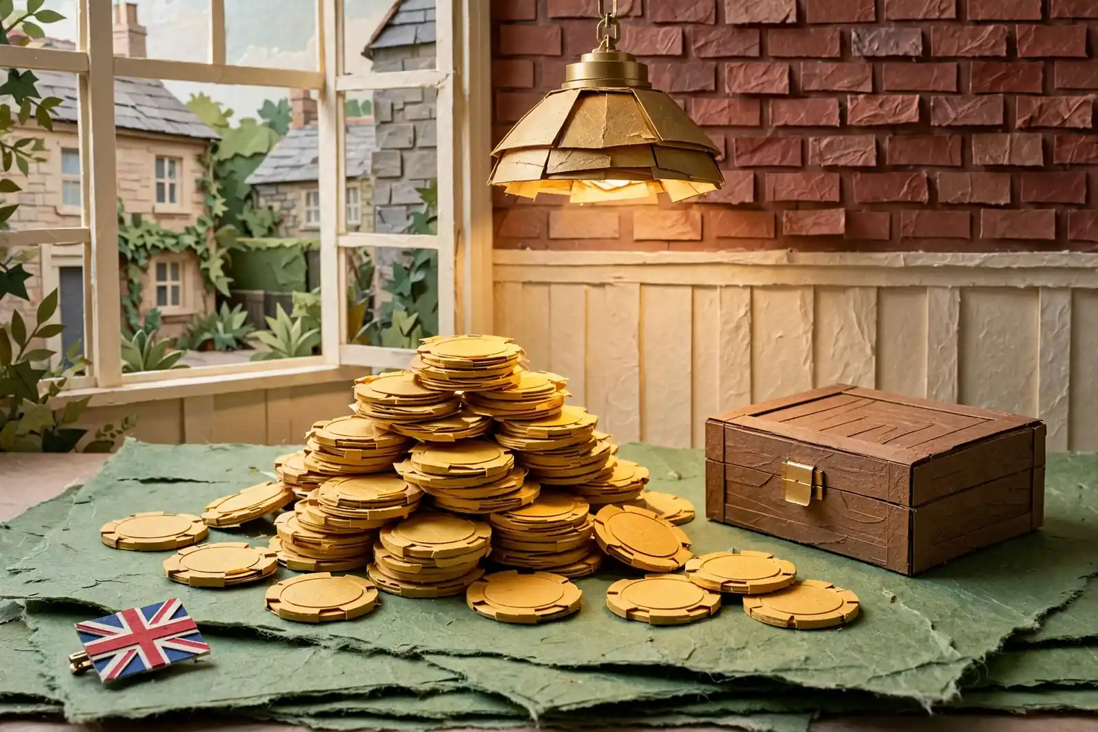 Large stack of golden casino chips on green felt with UK detail.