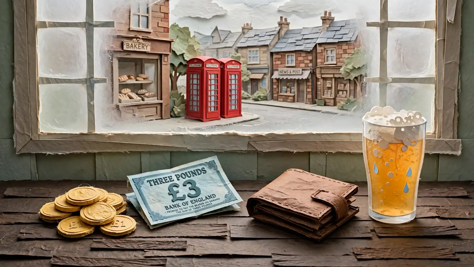 British pound coins and a £3 note on a pub table near a pint of ale, with a British high street visible through the window.