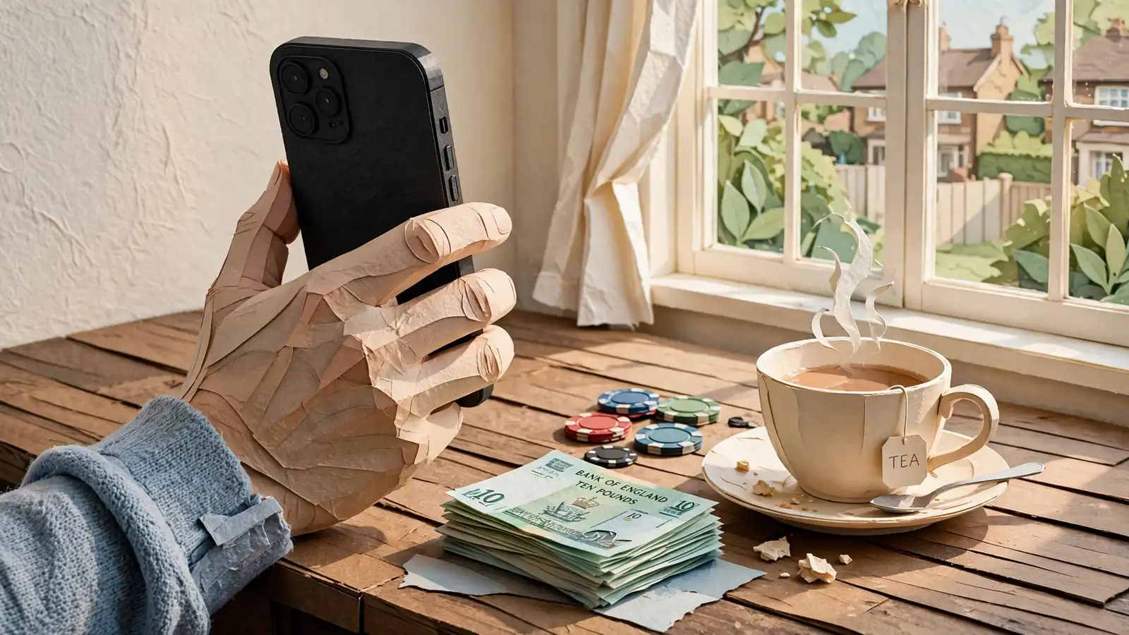 Hand holding a smartphone at a kitchen table with casino chips and pound notes nearby.