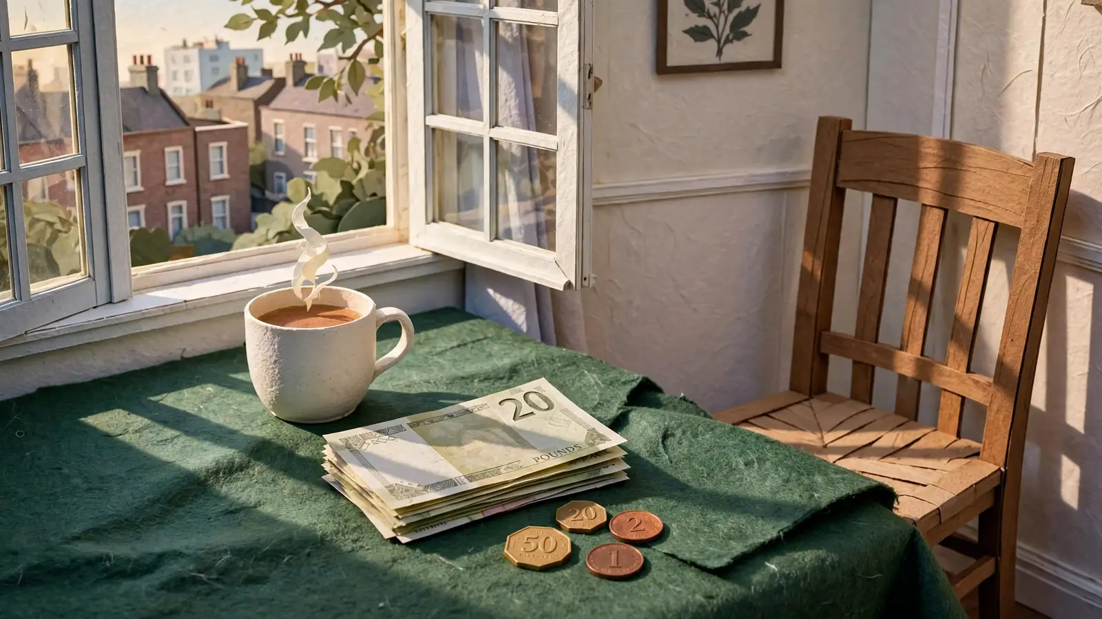 British pound notes and coins on a green felt surface in soft light