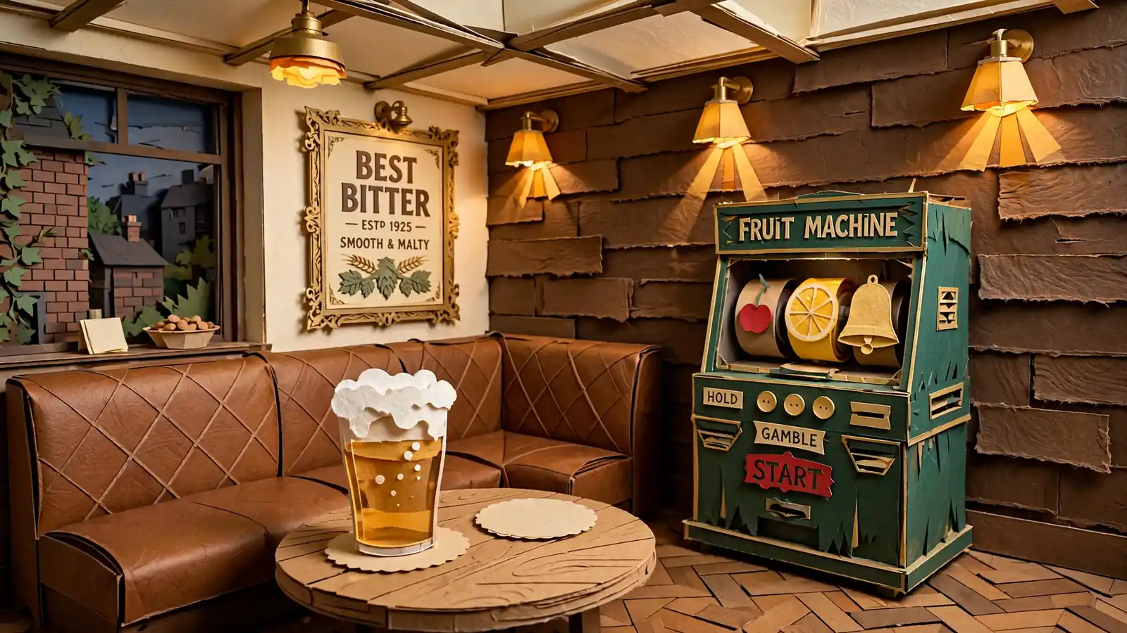 Traditional British pub interior with a classic fruit machine and a pint of ale