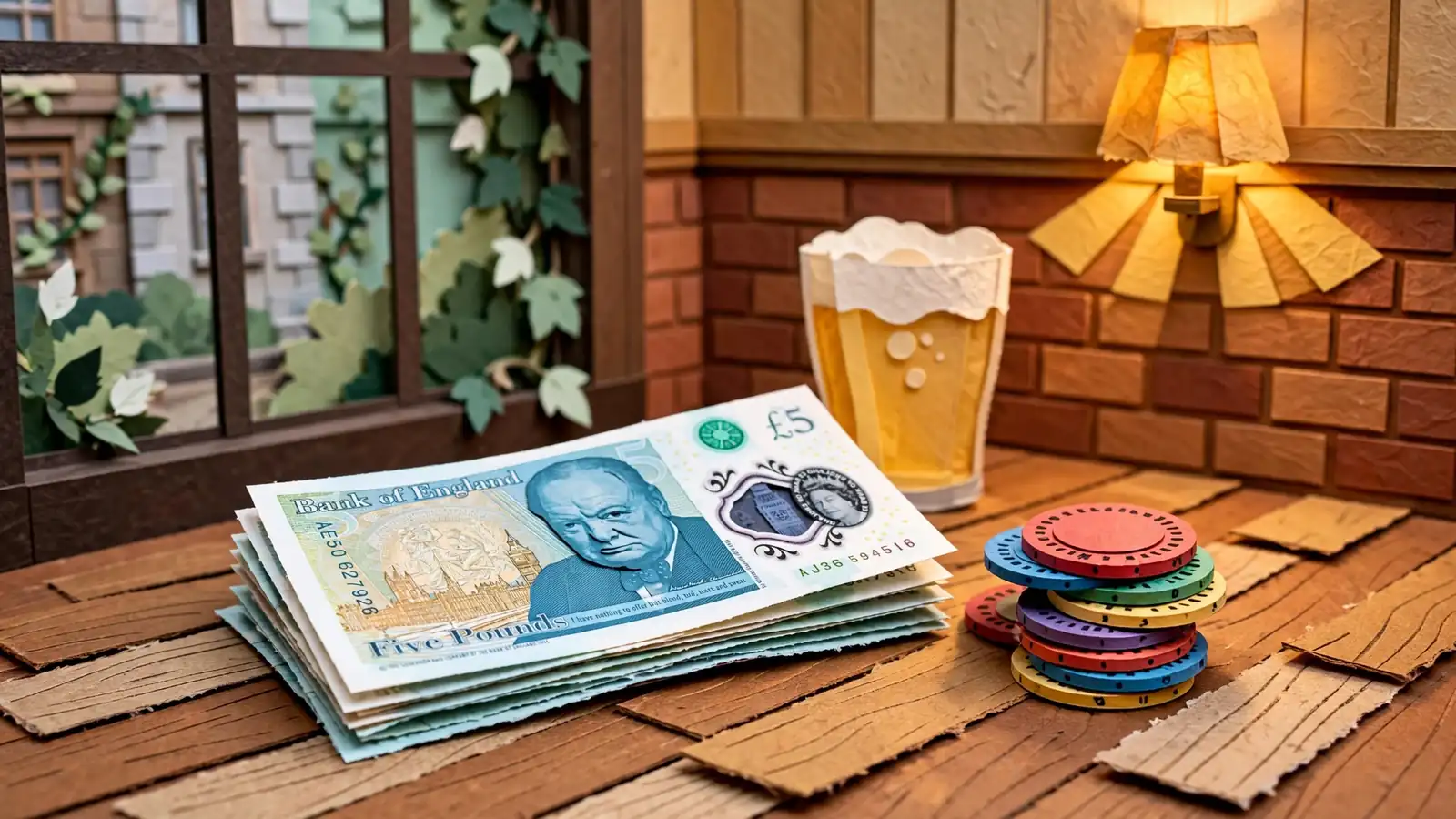 British five-pound notes beside casino chips on a wooden pub table
