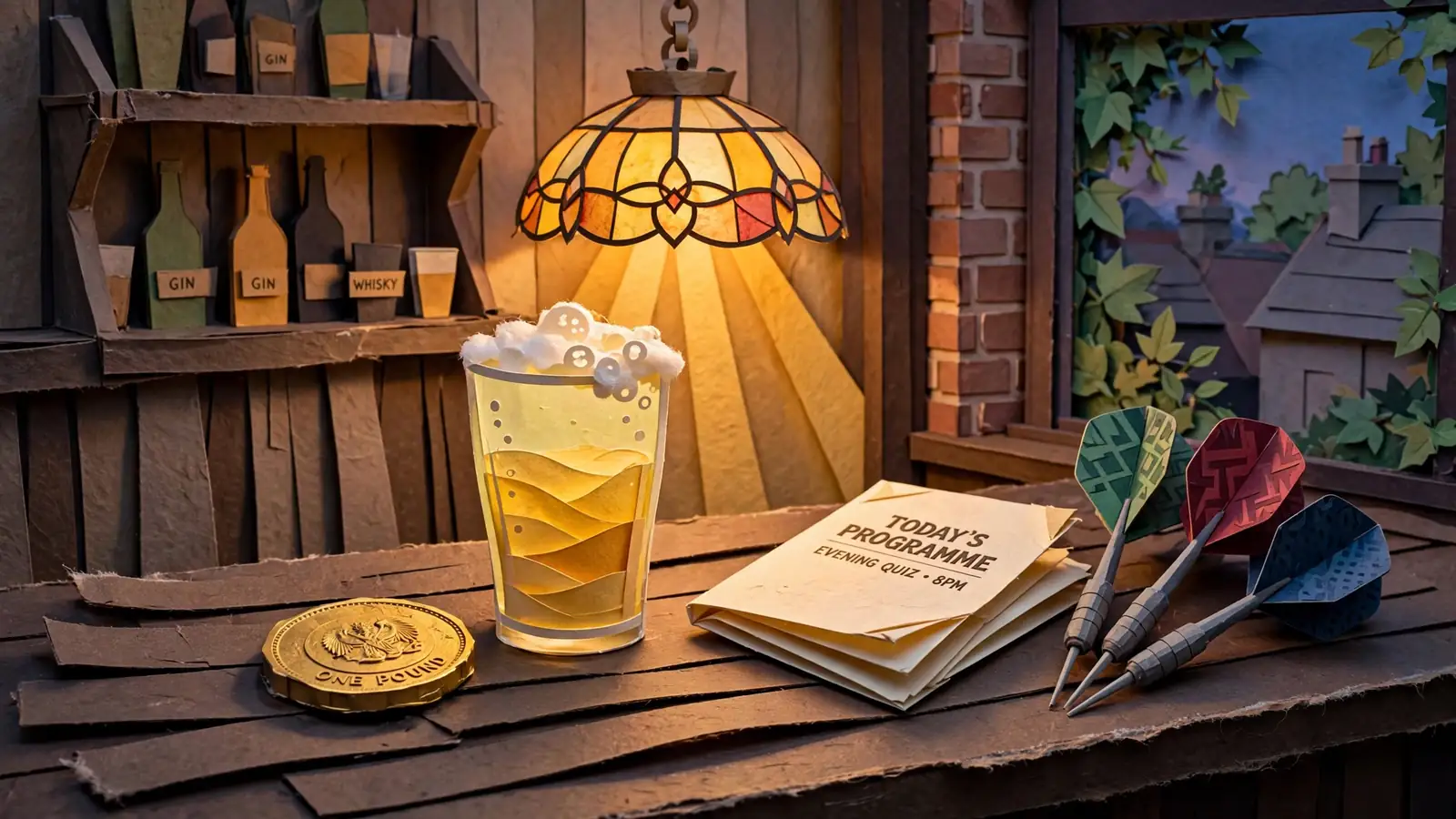 British pub bar counter with brass coin, pint glass, and warm amber lamp light at dusk.