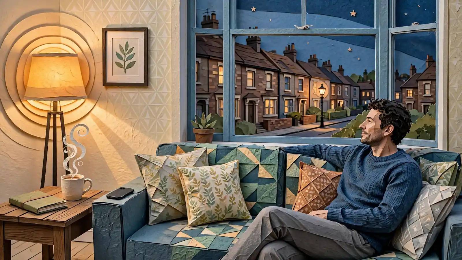 Person relaxing on a sofa in a British living room at dusk, with tea and a face-down smartphone nearby.