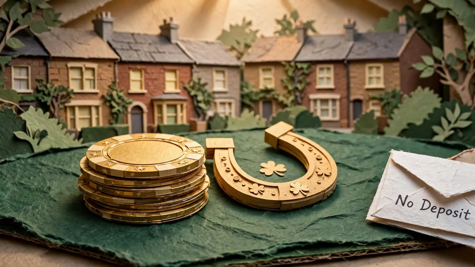 Golden casino chips with a lucky horseshoe and a no-deposit envelope on green felt.