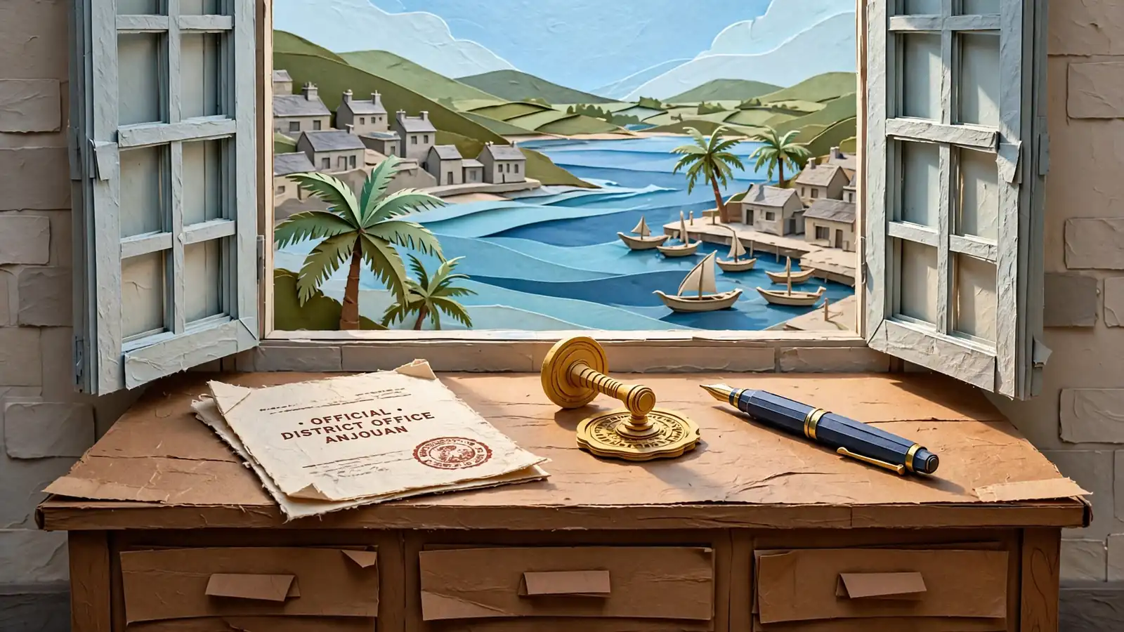 Official desk with stamped license document overlooking an Anjouan coastal harbor.