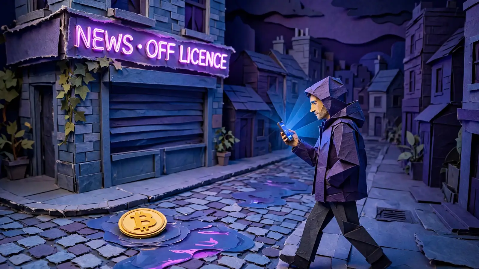 Hooded figure with Bitcoin token on a rainy London street at night.