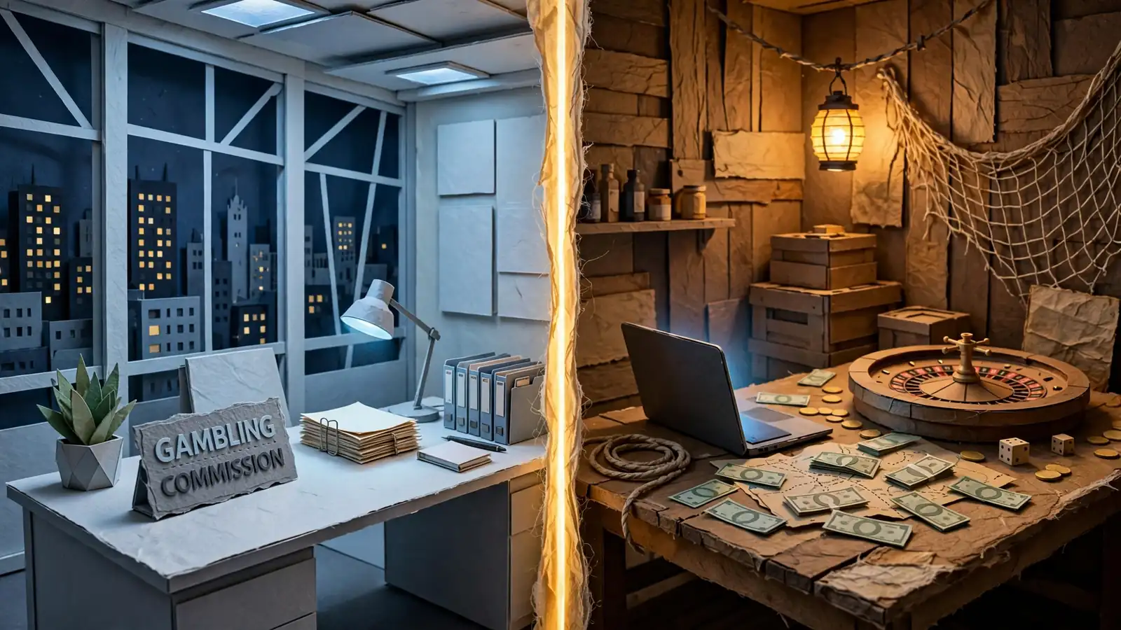 Split scene contrasting regulated UK casino office and offshore gambling backroom with roulette.