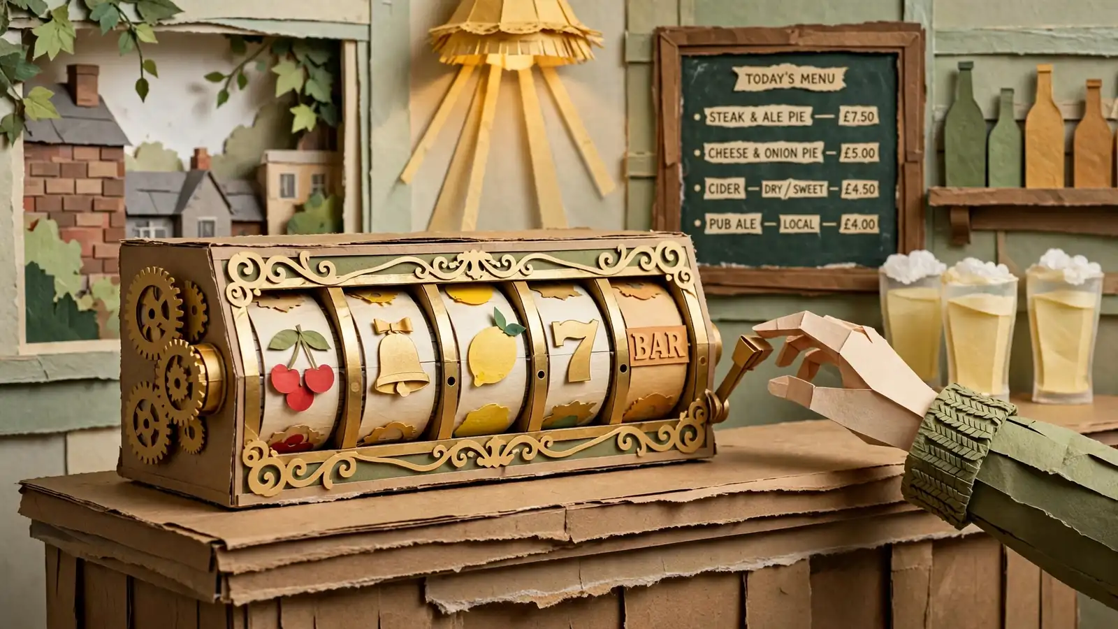 Five brass slot reels on a traditional British pub counter