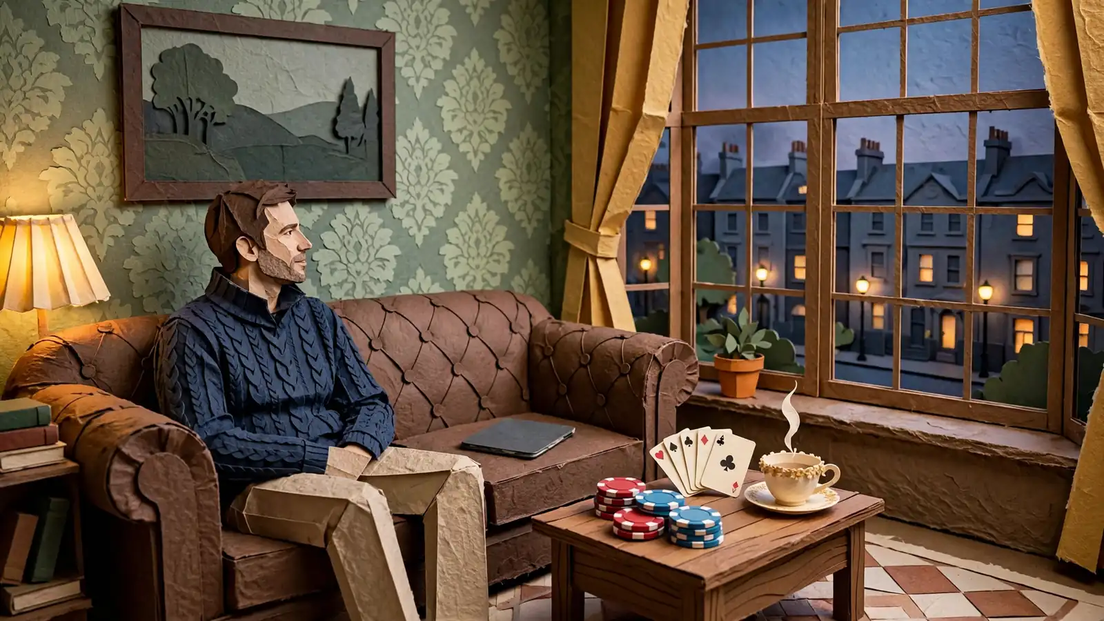 Person in a British living room with casino chips, playing cards, and a tablet.