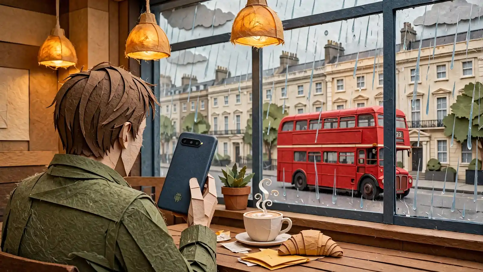 Person in London café holding Android phone, red double-decker bus outside rain-streaked window