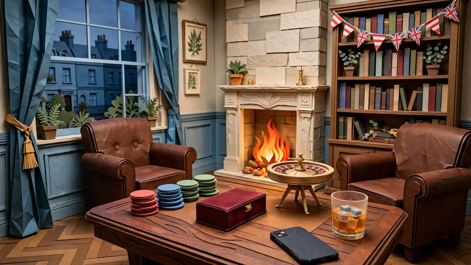 British townhouse private card room with roulette wheel and chips at dusk