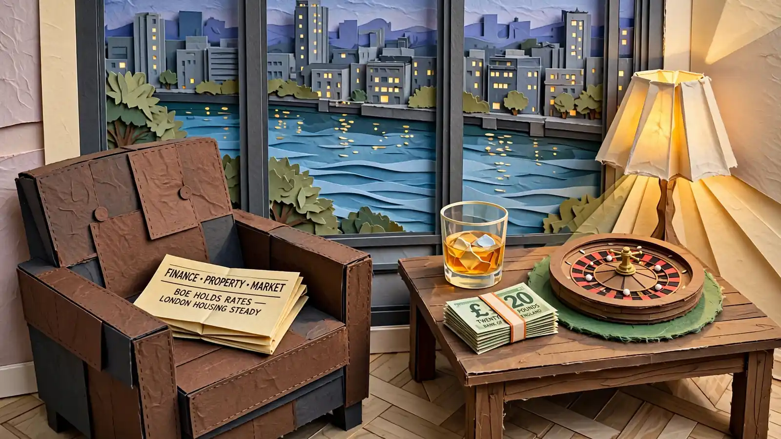 London flat at dusk with roulette wheel, whisky, and pounds near the window