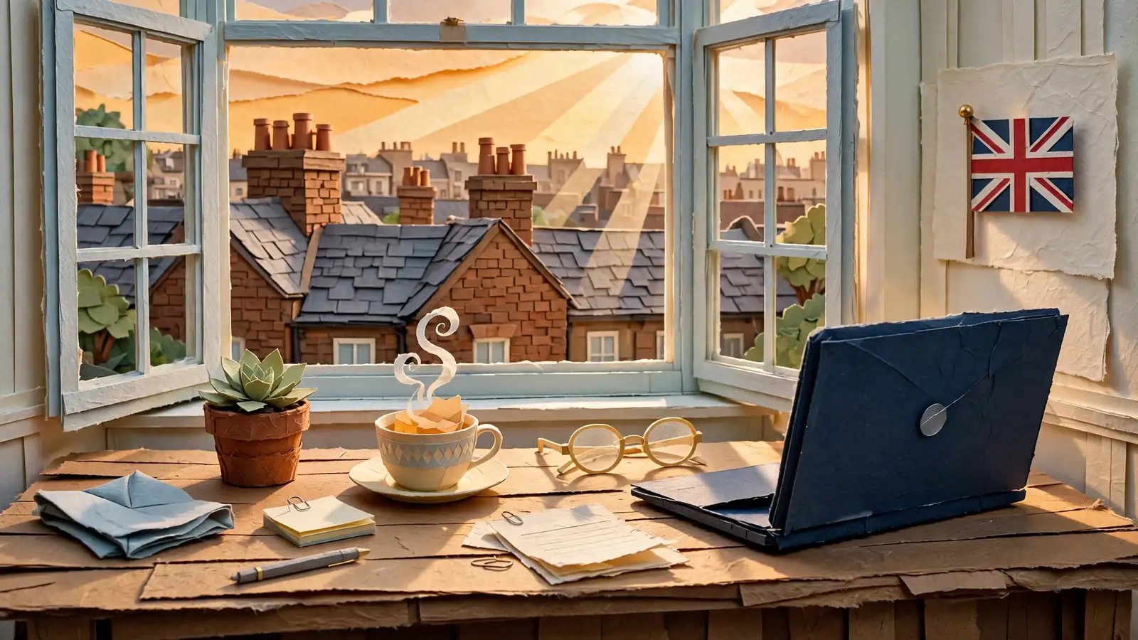 Home office in London with a laptop and a cup of tea.
