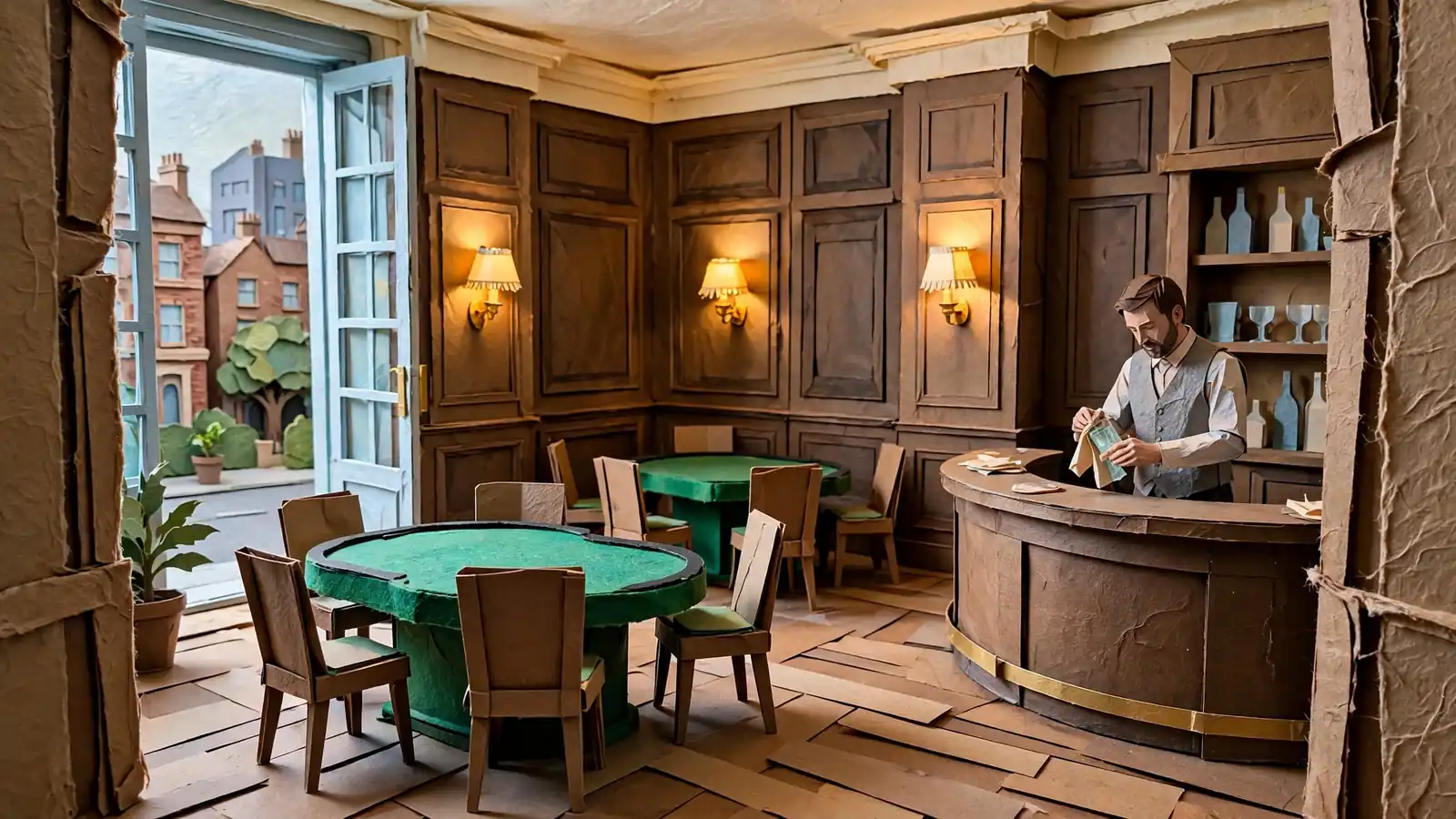 Classic British casino lounge with green felt tables and brass lamps
