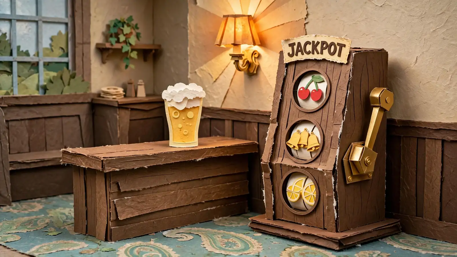 Vintage mechanical slot machine in a traditional British pub with warm amber lighting.