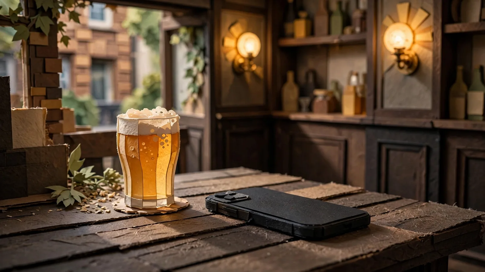 Smartphone on a British pub table next to a pint of beer, warm interior lighting.