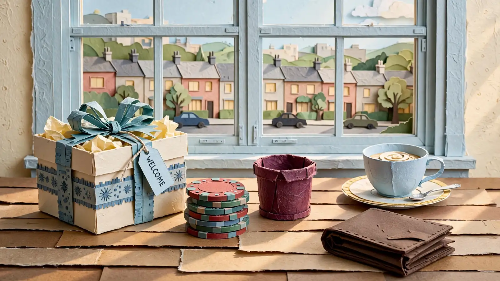 Welcome gift box with casino chips on a wooden table in a British setting.