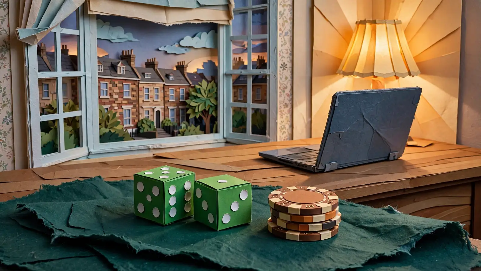 Green dice on felt beside chips with a laptop on a desk