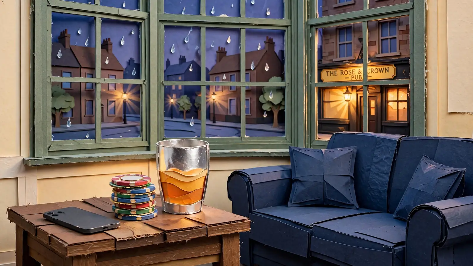 British evening lounge scene with casino chips, whisky, and a face-down smartphone near a window.