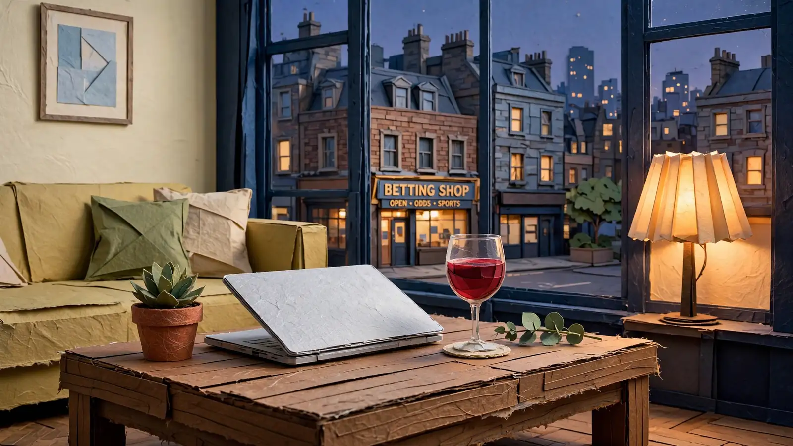 Laptop closed on coffee table in London flat at dusk, betting shop visible across the street.