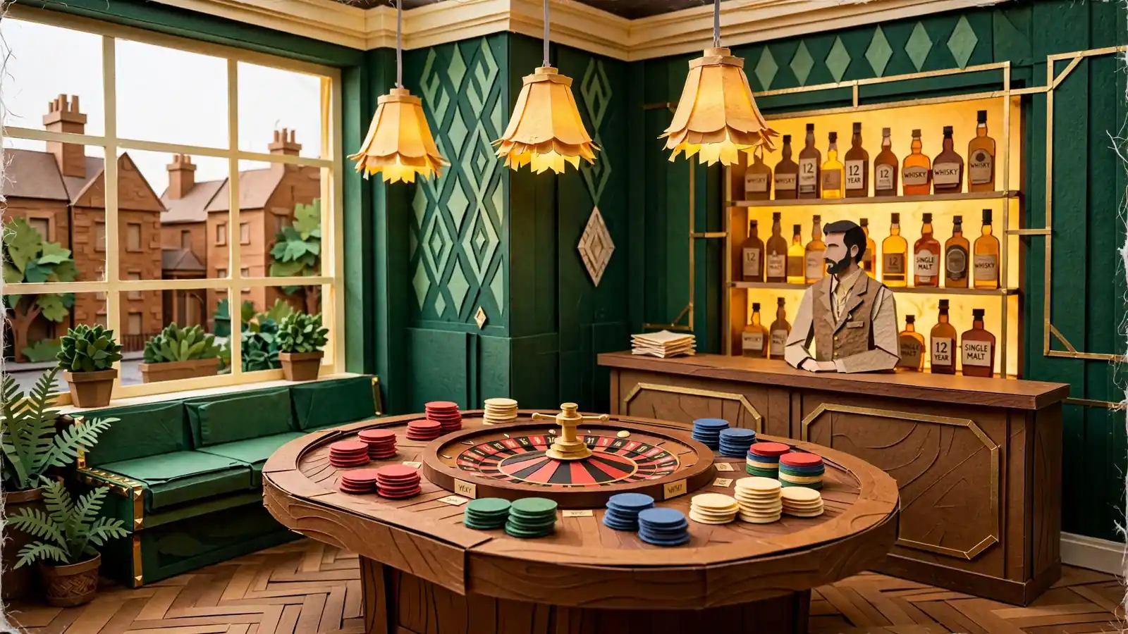Upscale British casino lounge with roulette wheel and chips