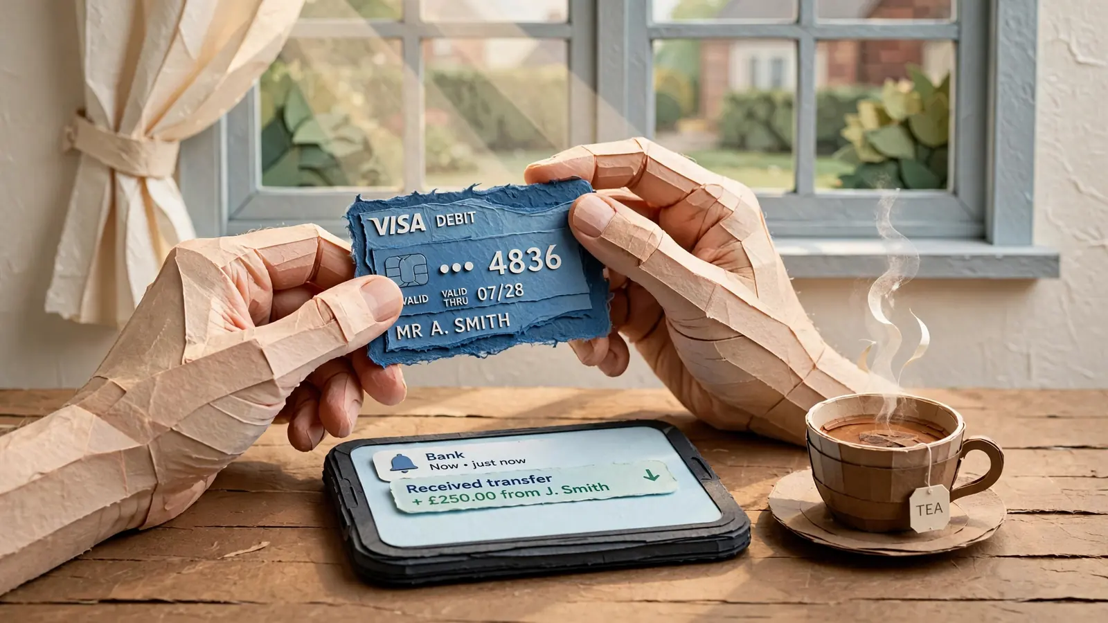 Hands holding a UK debit card near a smartphone showing a received payment notification