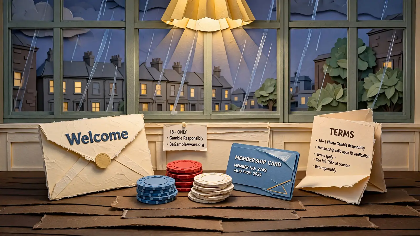 Welcome bonus envelope with chips and card on a UK betting shop counter