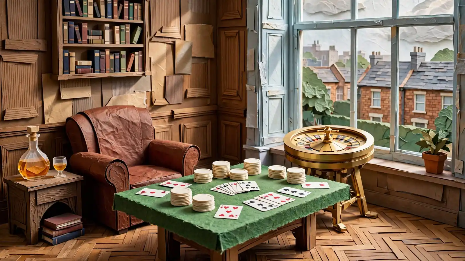 Traditional British club gaming room with card table and roulette wheel.