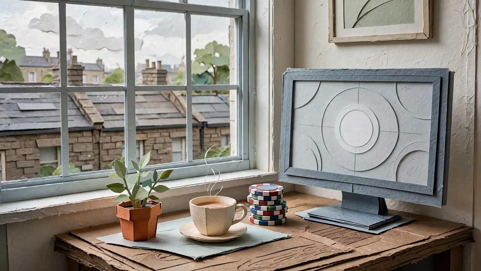 London apartment desk with chips, tea, and monitor under soft daylight