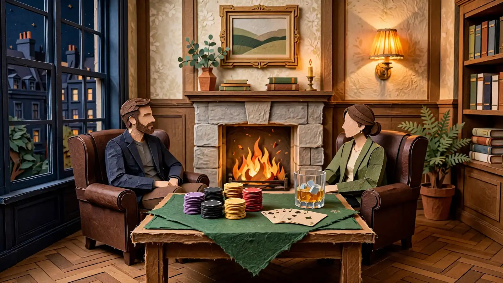 Elegant private card room in a London townhouse with chips and whisky