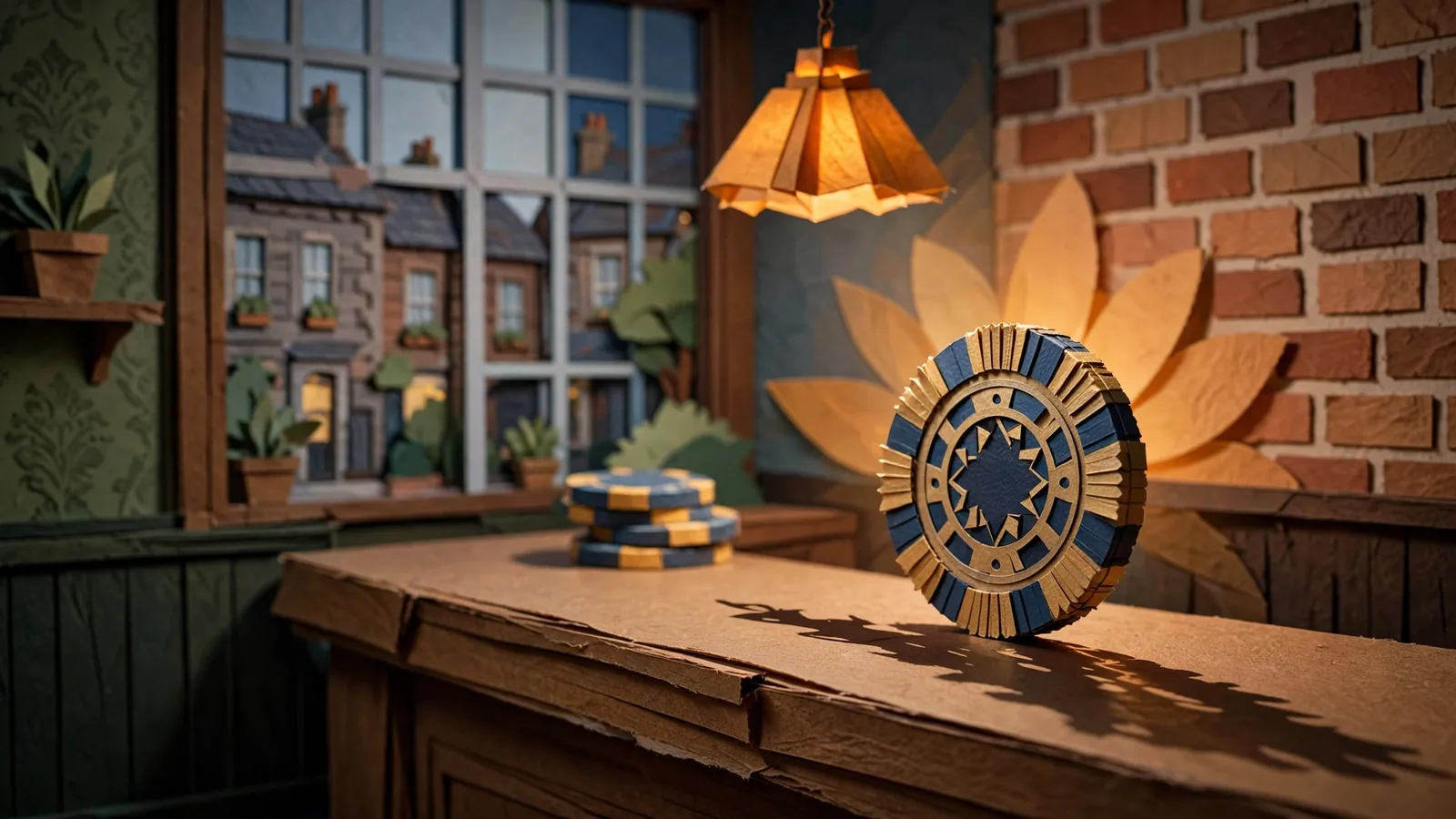 Lone casino chip balanced on a wooden bar under amber light