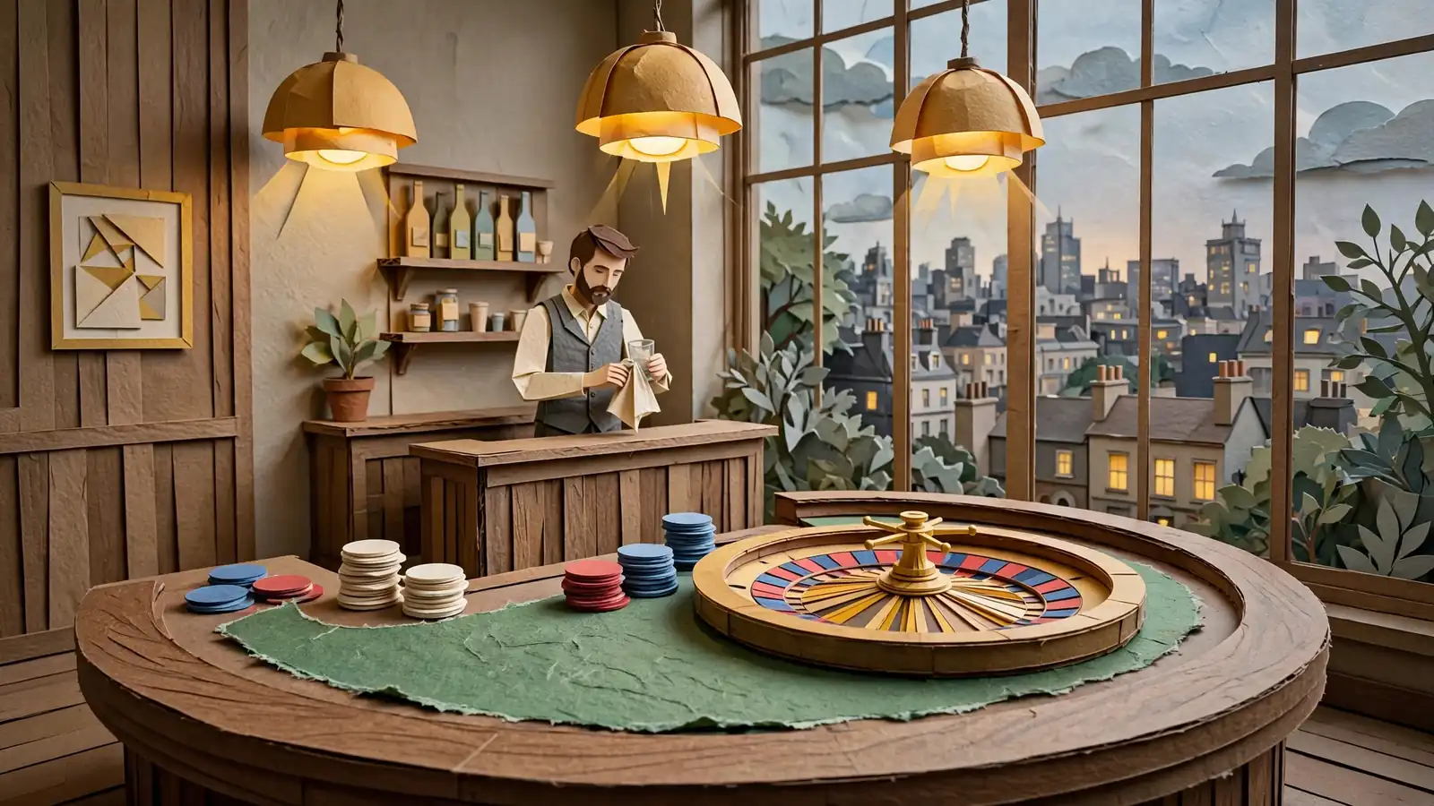 Elegant UK casino lounge with roulette wheel, chips, and warm lighting