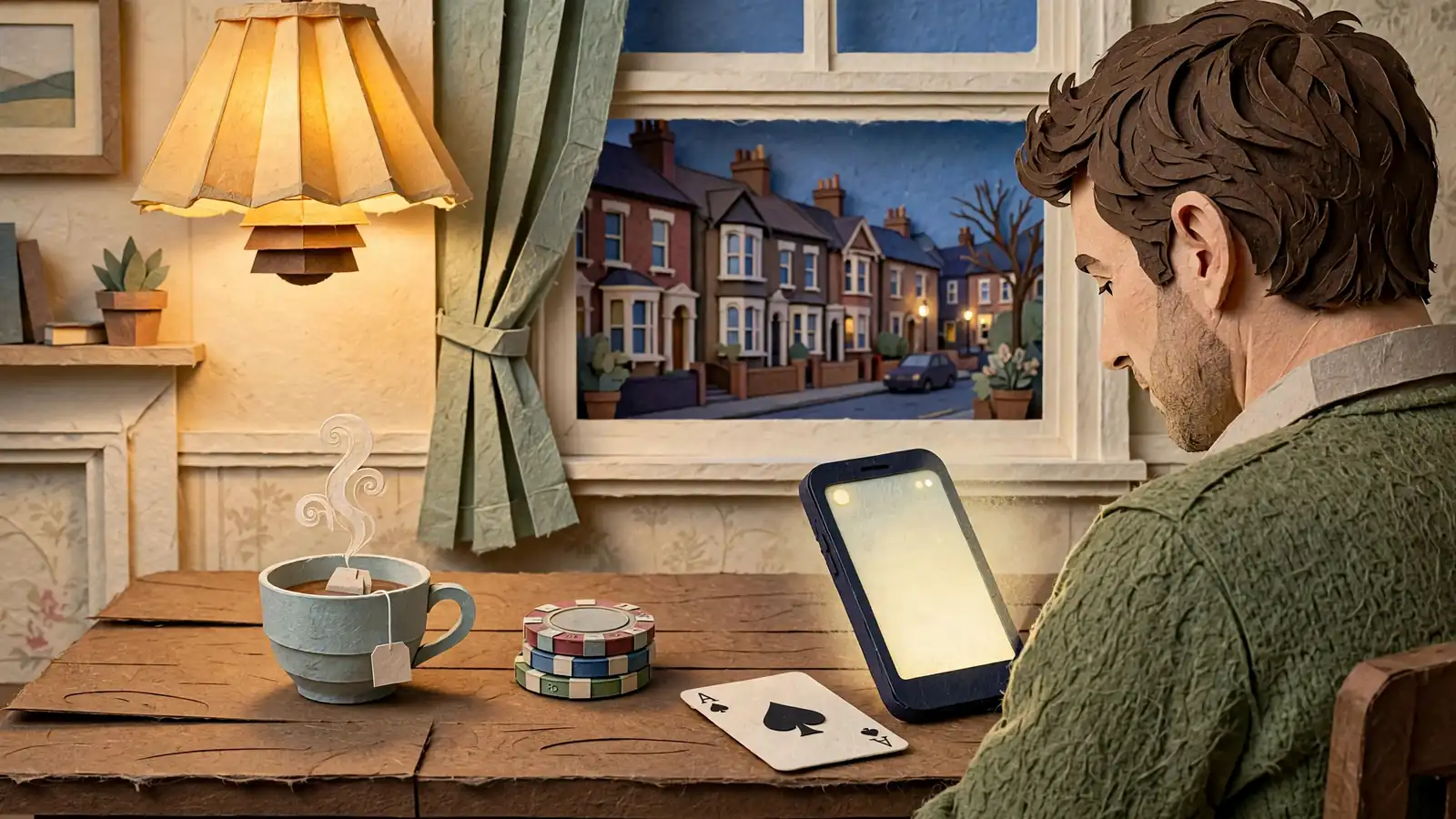 Person at a wooden table with smartphone notification, casino chips, playing card, and tea in a British living room.