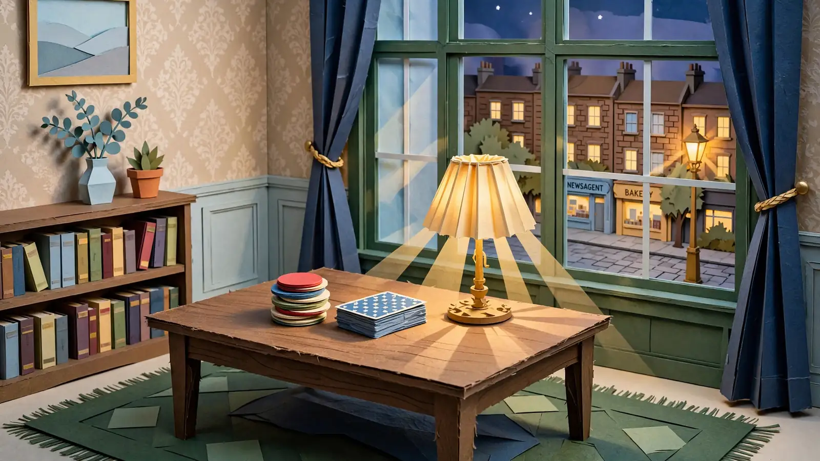 London townhouse evening with a card table, chips and a deck of cards by warm window light.