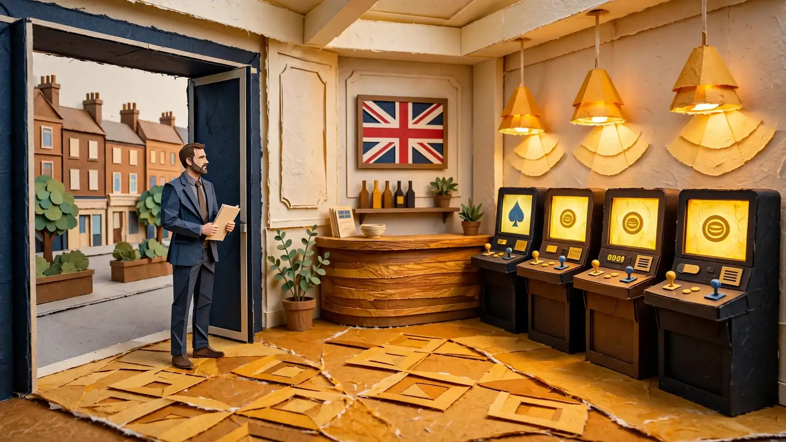 British casino lobby with a suited professional presenting software.