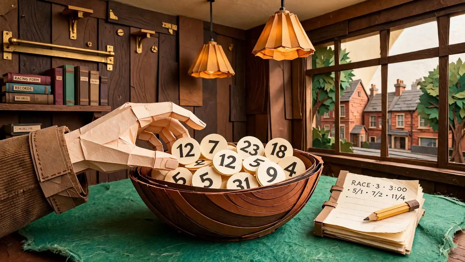 Hand drawing numbered keno balls from wooden bowl in British betting lounge