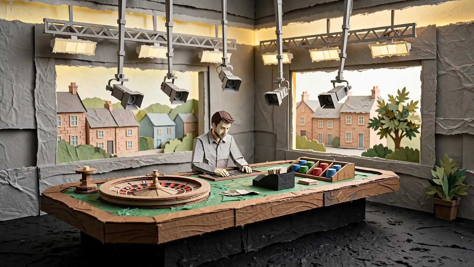 Live dealer at a studio gaming table with roulette wheel and card shoe under broadcast lighting.
